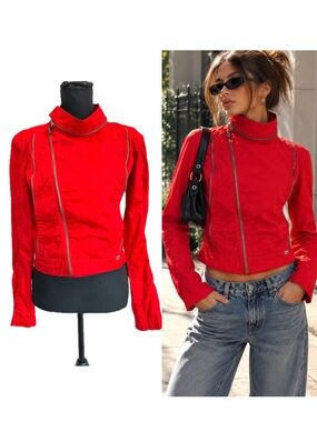 Miss Sixty Collection Red Y2K Asymmetrical Zip Moto Jacket Size Small